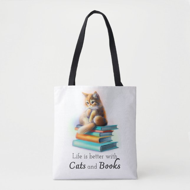Bolsa Tote A vida é melhor com os gatos e os livros (Frente)