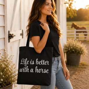 Bolsa Tote A Vida É Melhor Com Um Cavalo Preto Script Minimal