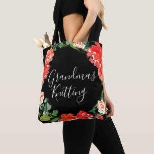 Bolsa Tote A vovó tricotou vermelho aquarela floral preto