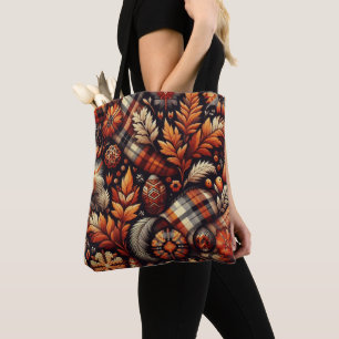 Bolsa Tote A Xadrez de outono deixa o padrão preto laranja