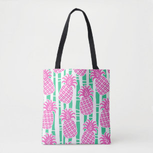Bolsa Tote Abacaxi Bamboo Stripes Rosa e Verde Padrão