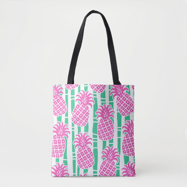 Bolsa Tote Abacaxi Bamboo Stripes Rosa e Verde Padrão (Frente)