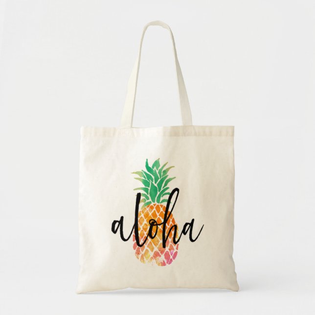 Bolsa Tote abacaxi de aloha tropical com letra de mão (Frente)