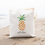 Bolsa Tote Abacaxi De Aquarela Tropical Aloha<br><div class="desc">Design de sacola de tote bonitos apresenta uma ilustração do abacaxi, o símbolo tradicional da hospitalidade, em puro, bonito aquarela. A letra de script de caligrafia de cinza escura é o padrão de "aloha", mas você pode facilmente substituir o texto e personalizar com um nome ou mensagem. Faz um saco...</div>