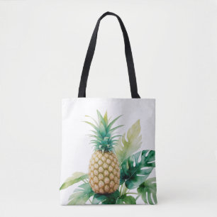 Bolsa Tote Abacaxi ouro com Monstera Watercolor Tropical