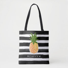 Bolsa Tote Abacaxi Tropical Fashionável, Black White Stripes
