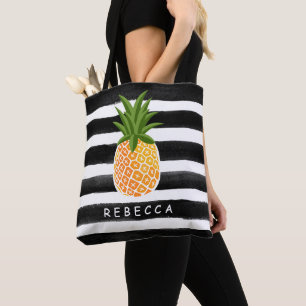 Bolsa Tote Abacaxi Tropical Fashionável, Black White Stripes