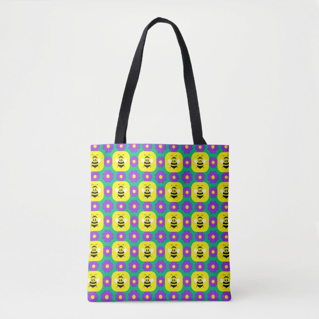 Bolsa Tote Abehas de desenho animado e flores (Frente)