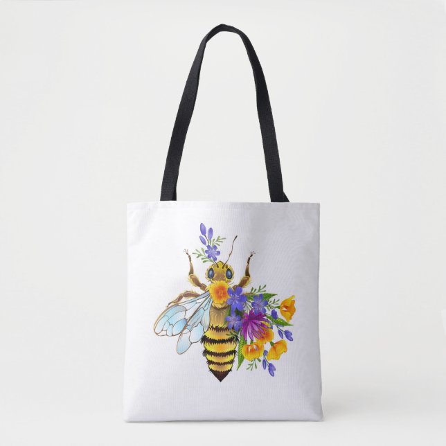 Bolsa Tote Abeja flor com plantas silvestres (Frente)