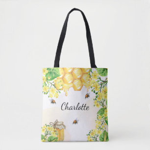 Bolsa Tote Abejas flores amarelas de mel monograma nome