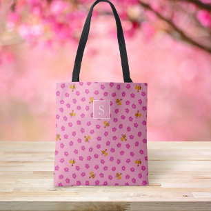 Bolsa Tote Abelhas bonitas e flores Padrão monograma rosa