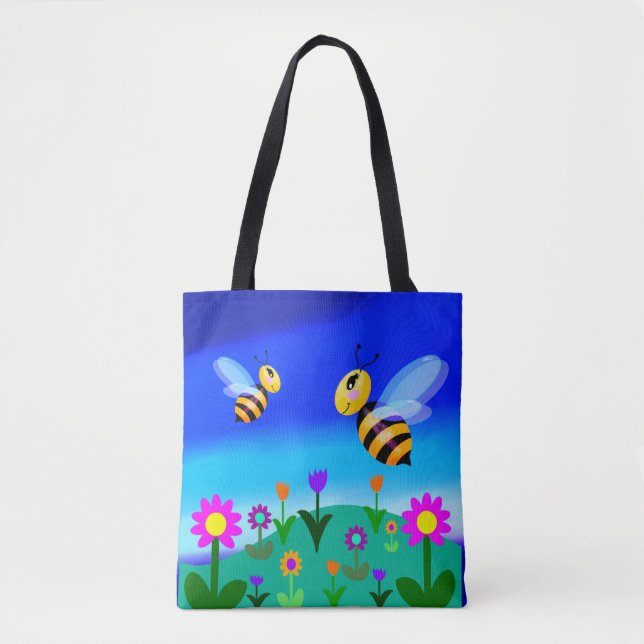 Bolsa Tote Abelhas felizes em um campo de flores (Frente)