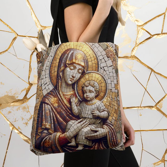 Bolsa Tote Abençoada Mãe Mary e Bebê Jesus | Religião (Criador carregado)