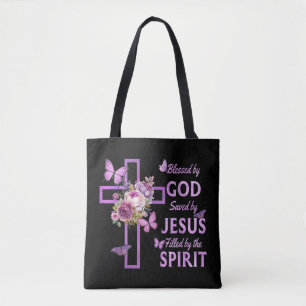 Bolsa Tote Abençoado por Deus Salvo pela Cruz Floral Purple d