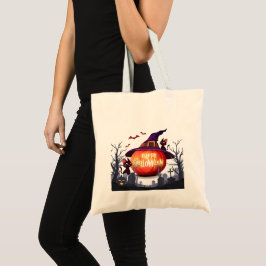 Bolsa Tote Abóbora-bruxa, Chapéu-bruxa e Gatos Negros