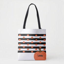 Bolsa Tote Abóbora com Listras Brancas e Pretas - Personaliza