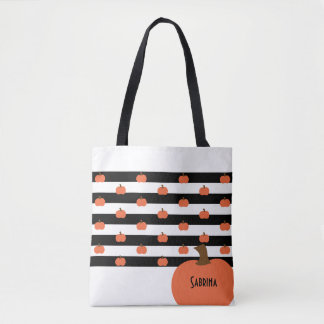 Bolsa Tote Abóbora com Listras Brancas e Pretas - Personaliza
