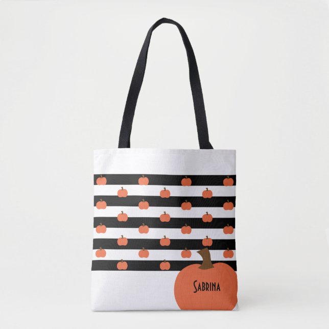 Bolsa Tote Abóbora com Listras Brancas e Pretas - Personaliza (Frente)