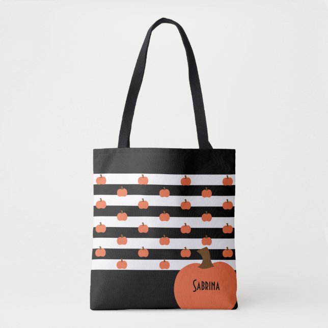 Bolsa Tote Abóbora com Listras Pretas e Brancas - Personaliza (Frente)