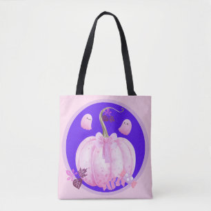 Bolsa Tote Abóbora Coquete de Halloween Rosa com Fantasmas