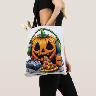Bolsa Tote Abóbora de Halloween com Fones de ouvido e Jogos?