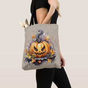 Bolsa Tote Abóbora de Halloween em Sacaria Assustadora