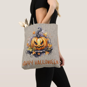 Bolsa Tote Abóbora de Halloween em Sacaria Assustadora Feliz