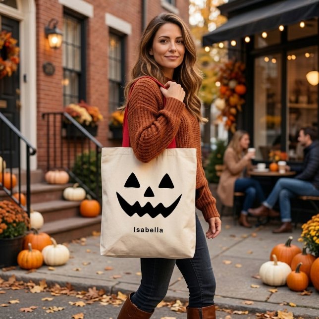 Bolsa Tote Abóbora de Halloween Personalizada com Rosto de Ja (Criador carregado)