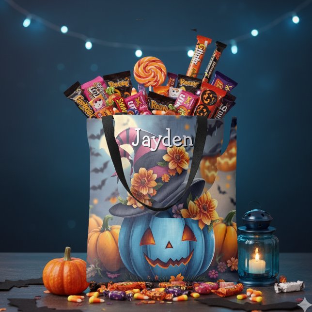 Bolsa Tote Abóbora de Halloween Rosa e Azul Personalizada (Criador carregado)