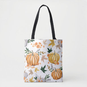 Bolsa Tote Abóbora de laranja de outono e padrão de flores