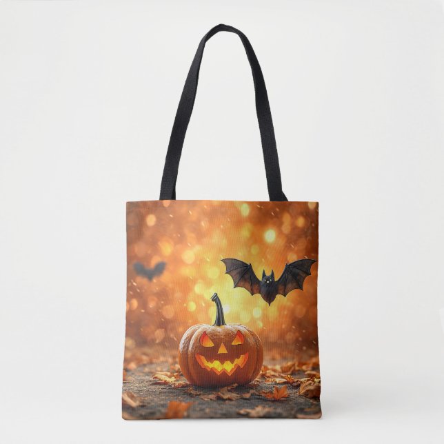 Bolsa Tote abóbora e morcego de Halloween (Frente)