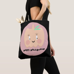 Bolsa Tote Abóbora Fofa com Letreiro Rosado Feliz Halloween