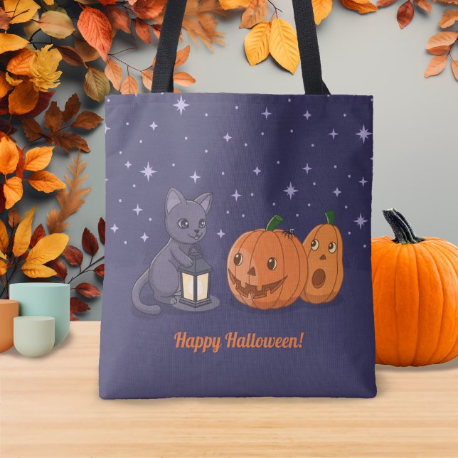Bolsa Tote Abóbora Lanterna de Gato Preto no Halloween Roxo (Criador carregado)