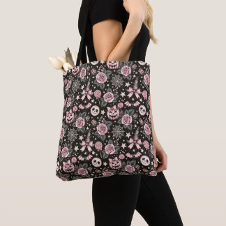 Bolsa Tote Abóbora Rosa e Preta, Padrão de Teia e Rosa