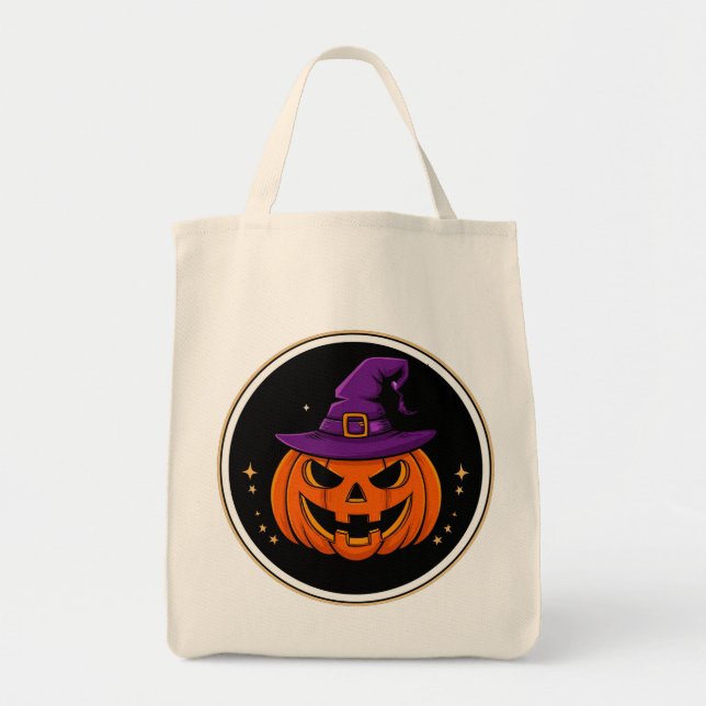 Bolsa Tote Abóbora Sorridente Bruxa Chapéu Halloween 🎃 (Frente)