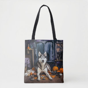 Bolsa Tote Abóboras Cão Siberiano Husky Dia das Bruxas Assust