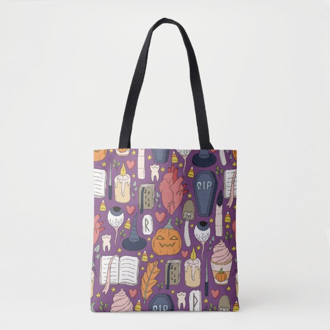Bolsa Tote Abóboras de Halloween, padrão sem soldadura. (Frente)