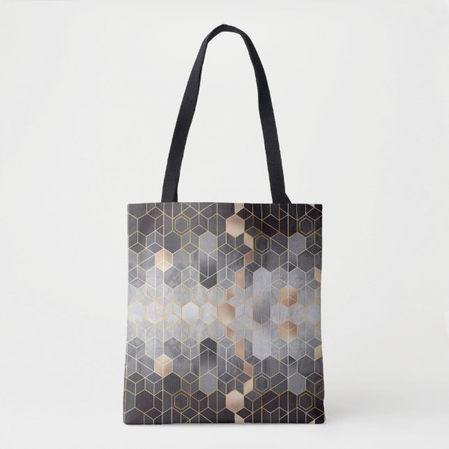 Bolsa Tote Abstração geométrica de hexágonos em preto e w (Frente)