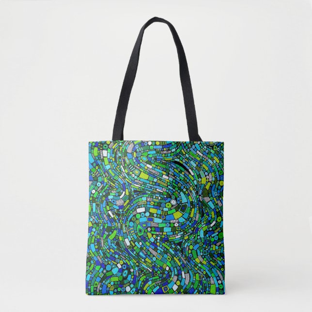 Bolsa Tote Abstract Design Blue Green Waves Shapes (Frente)