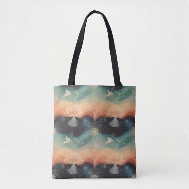 Bolsa Tote Abstract Nature: Minimalist Lotus & Bird Design (Frente)