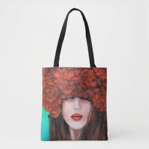 Bolsa Tote Abstract oil painting showing woman face and red r