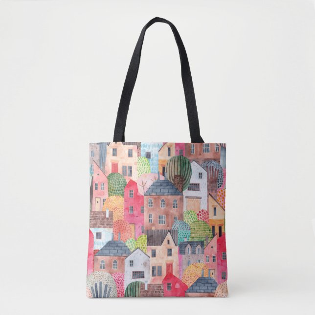 Bolsa Tote Abstract seamless pattern with houses. Watercolor  (Frente)