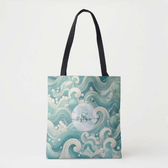 Bolsa Tote Abstrato Aqua Blue & White Wave - Arte Fluida Mode (Frente)