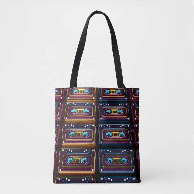 Bolsa Tote Abstrato cassete cassete neon retro music of backg (Frente)