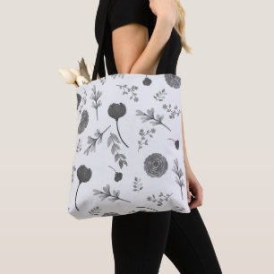 Bolsa Tote Abstrato Cinza Flores e Folhas em Fundo Branco