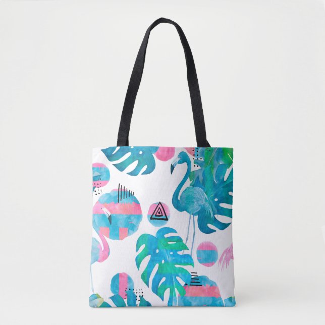 Bolsa Tote Abstrato com aquarela flamingo e elema aleatório (Frente)