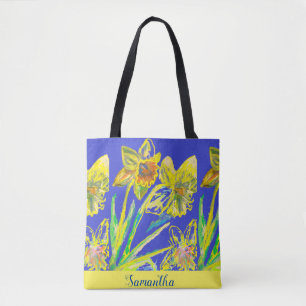 Bolsa Tote Abstrato Daffodil Flores Azuis Amarelas Arte Flora