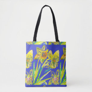 Bolsa Tote Abstrato Daffodil Flores Azuis Amarelas Arte Flora