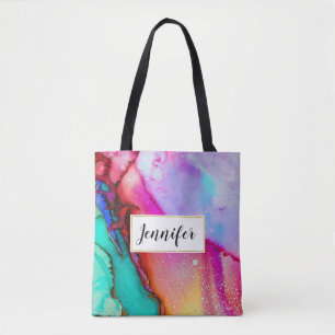 Bolsa Tote Abstrato de Aquarela rosa e turquesa