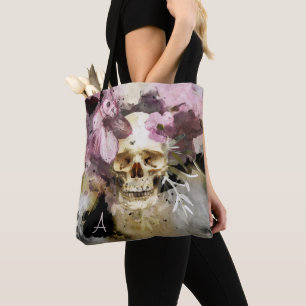 Bolsa Tote Abstrato de Arte de Caveira Floral Rosa com Monogr